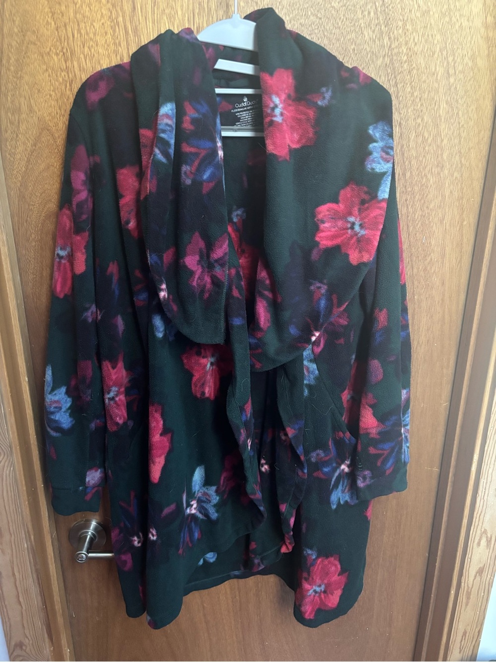 Cuddl Duds Black Fleece Jacket with Red and Purple Floral Print